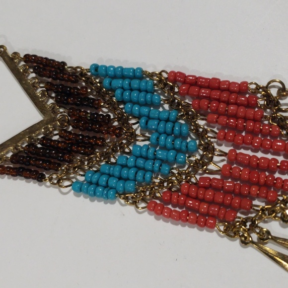 Bohemian Chevron Colorful Beaded Fringe Necklace - Women's Statement Jewelry - Picture 7 of 8